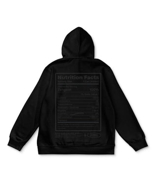 Rückseite des schwarzen Nutrition Facts Hoodies von Sparklys Hard Seltzer auf weißem Hintergrund. Ein subtiler schwarzer Druck zeigt eine Nährwerttabelle mit inspirierenden Begriffen statt Nährwerten.